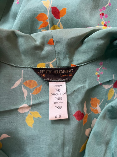 1970s Jeff Banks Seafoam Green Dress with Floral Print
