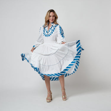 ARCHIVE - 1970s Per Spook for Louis Feraud White and Blue Cotton Dress with Belt