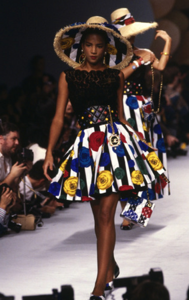 1988 Chanel Runway Documented Striped Camelia Print Midi Dress