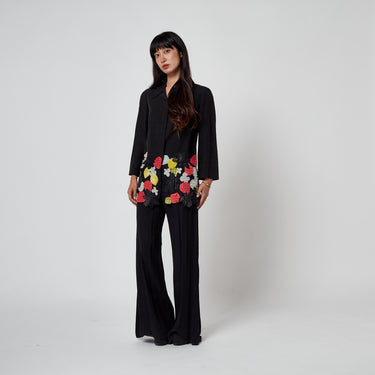 2000s Christian Lacroix Black Linen Flax Jacket with Applique Flowers