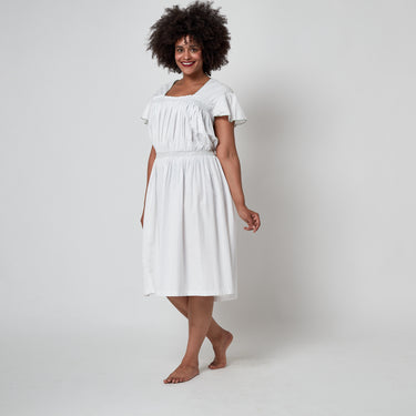 1950s White Cotton Smocked Dress with Tie Back