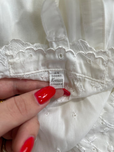 1970s Komar White Cotton Embroidered Scallop Hem Slip Dress