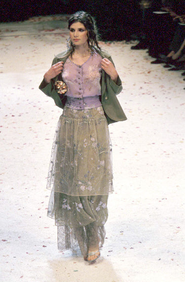 1999 Ungaro Haute Couture Green Floral Embroidered Cami Top and Skirt
