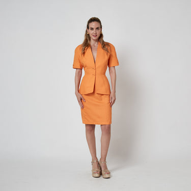 ARCHIVE - 1990s Thierry Mugler Orange Linen Blend Fitted Skirt Suit