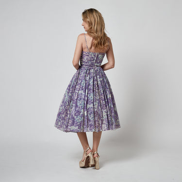 ARCHIVE - 1950s Purple and Turquoise Floral Organza Ruched Dress