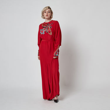 1970s John Bates Red Crepe Maxi-Dress with Sequin Rocket Applique