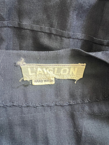 1950s L'Aignon Navy Cotton Short-Sleeve Dress with Pleat Detail