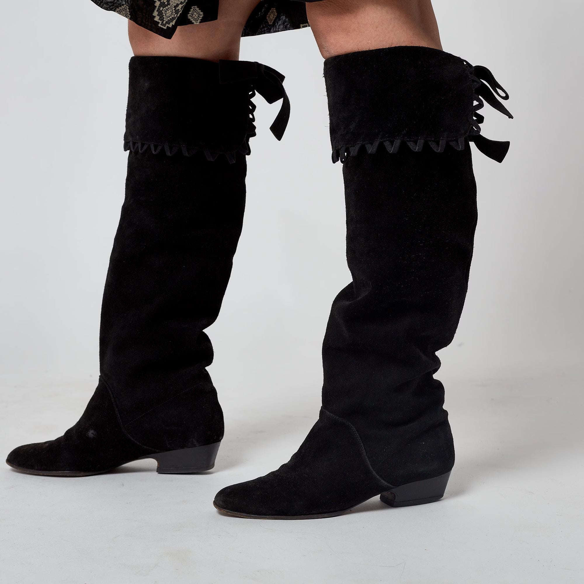 1970s Yves Saint Laurent Black Suede Pirate Boots