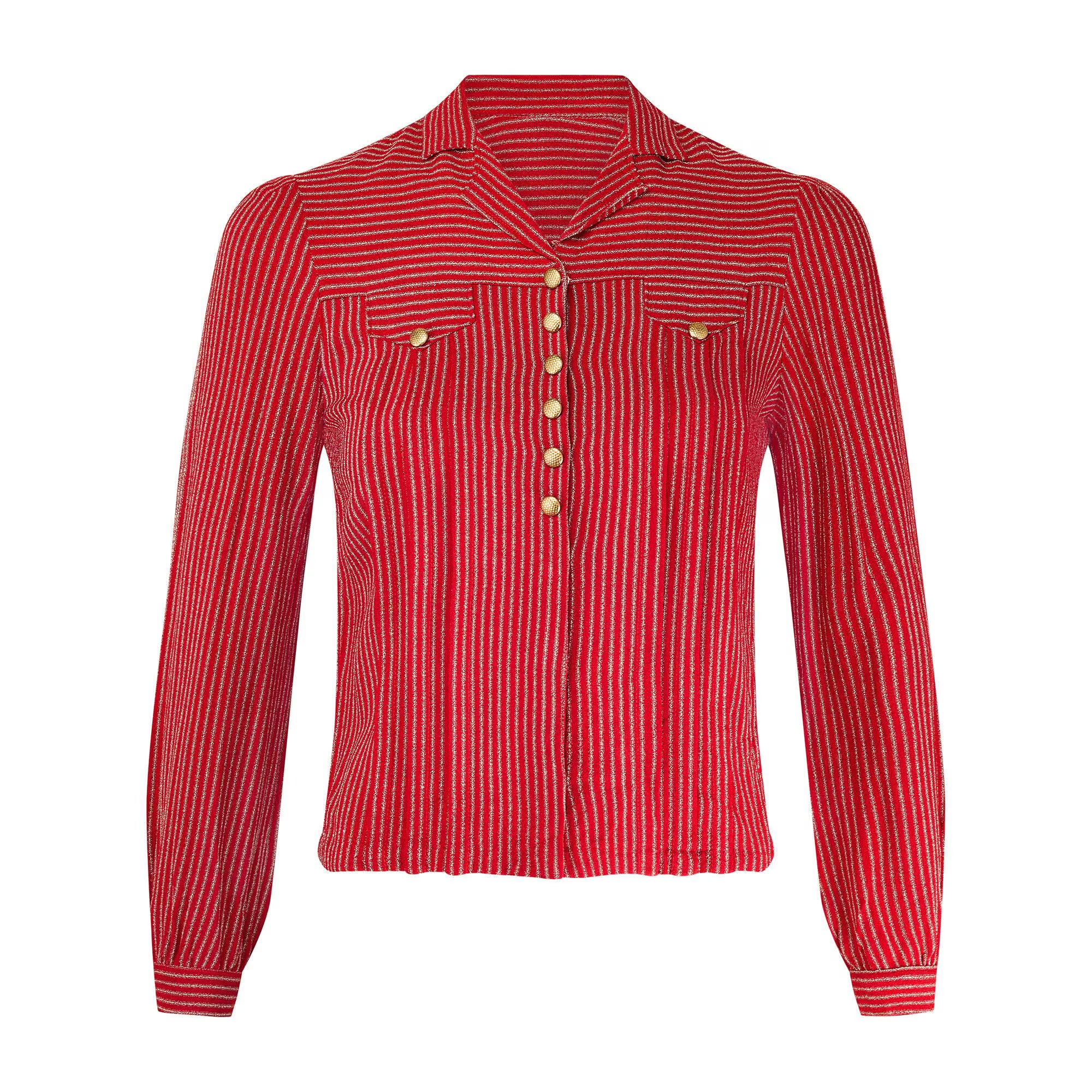 1930s Red and White Stripe Crepe Shirt with Gold Buttons