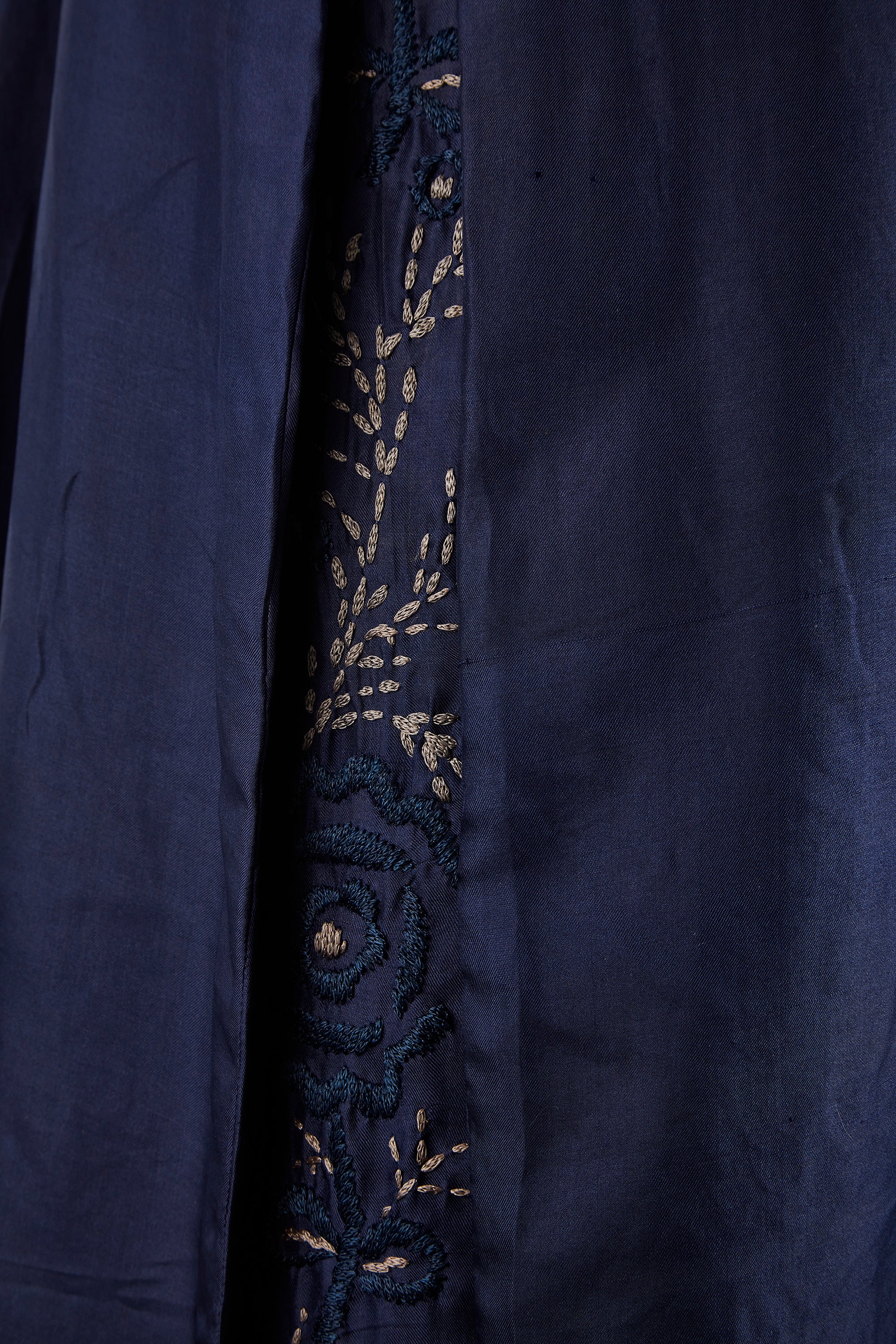 1910s Midnight Blue Silk Dress with Embroidered Chiffon Inserts