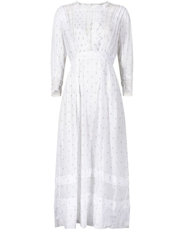 1910s Whitework Fleur de Lil Print and Lace Insertion Dress