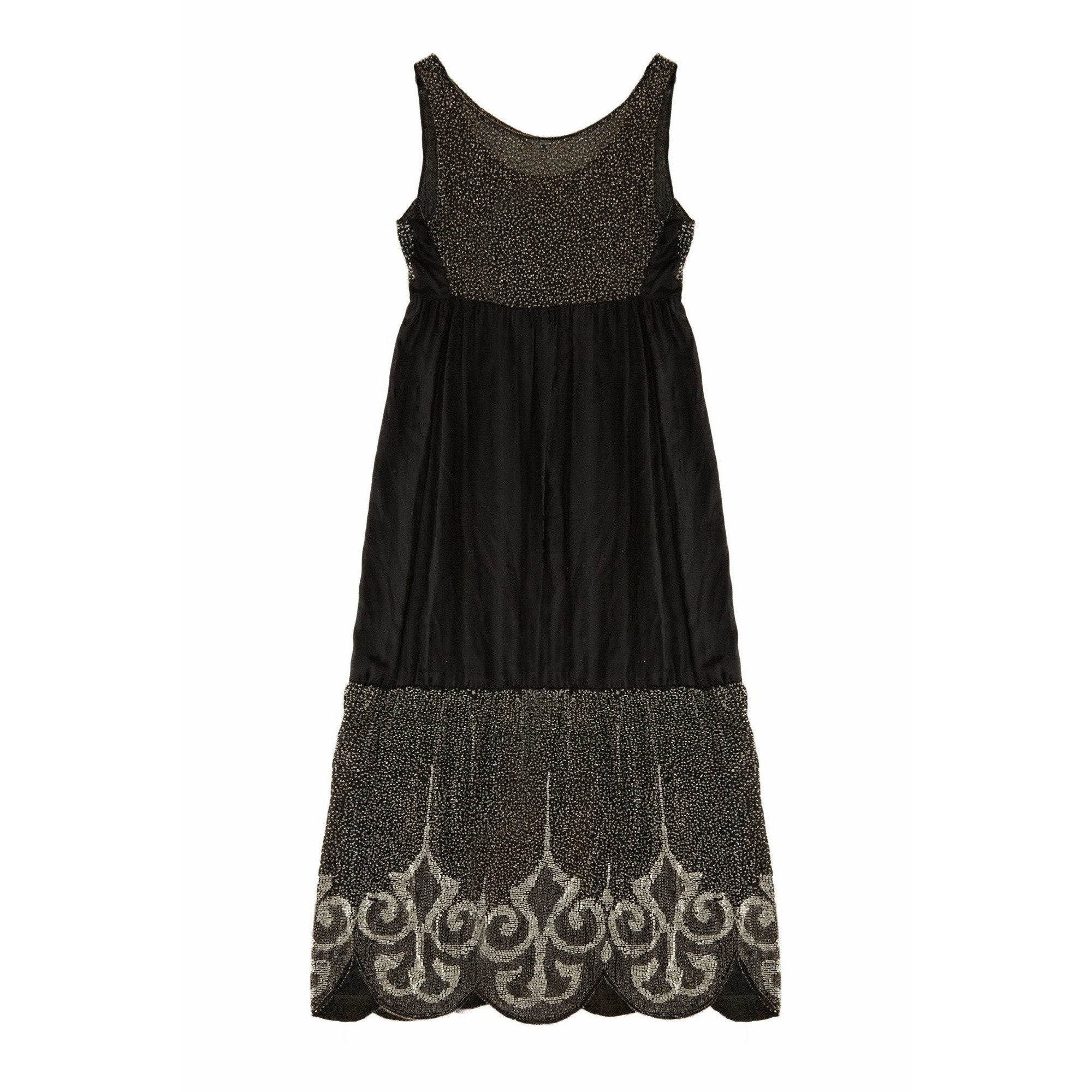 1920s Black and Cream Silk Beaded Long Flapper Dress