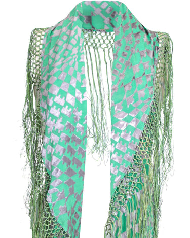 1920s Green and Silver Burn Out Velvet Shawl