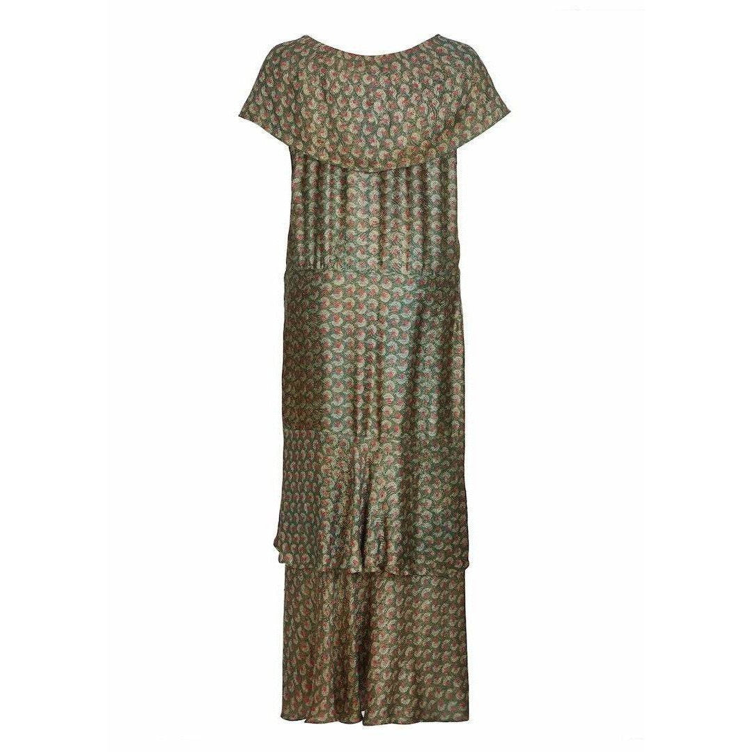 1920s Green Lame Tiered Deco Print Dress