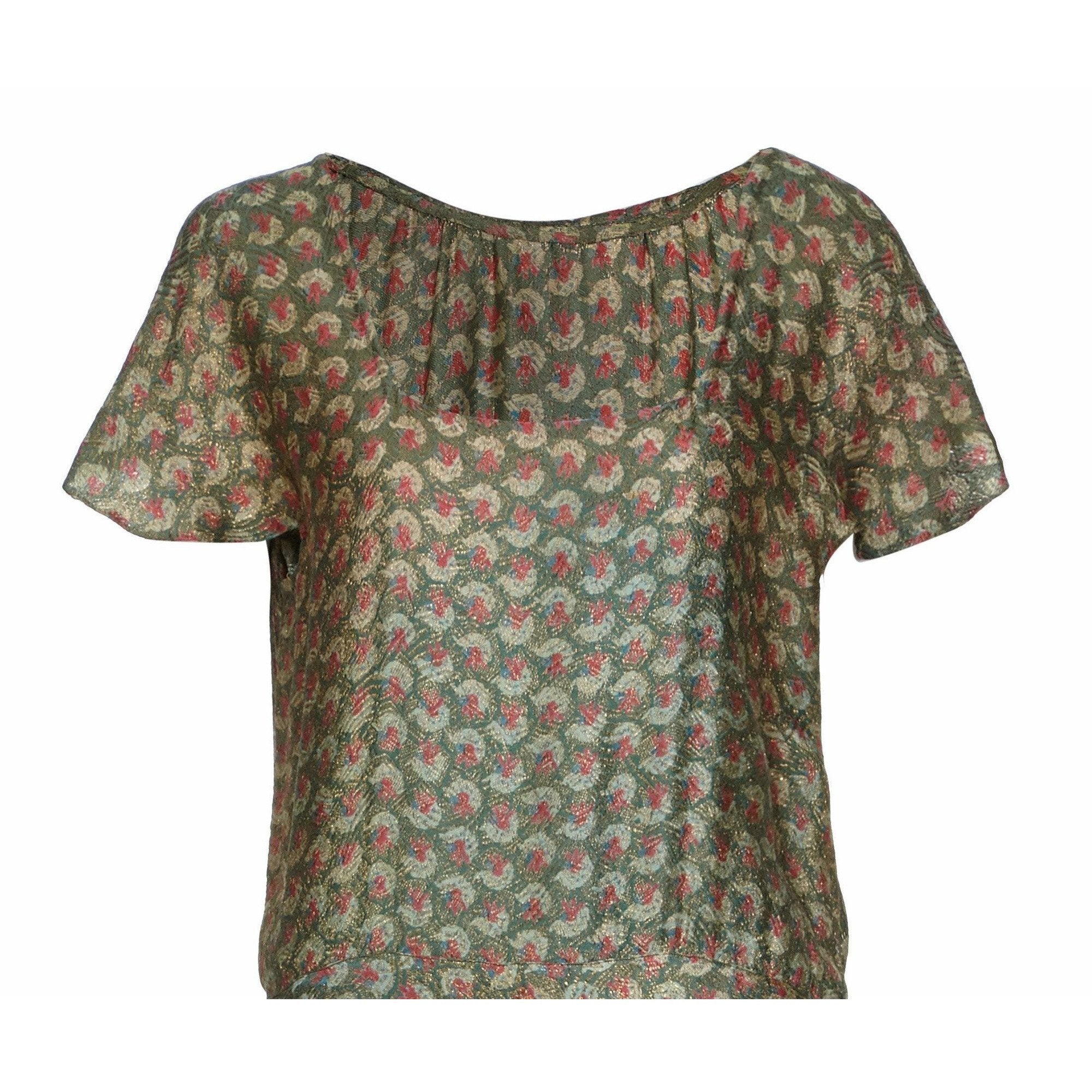 1920s Green Lame Tiered Deco Print Dress