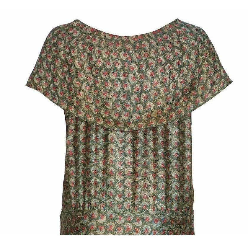 1920s Green Lame Tiered Deco Print Dress