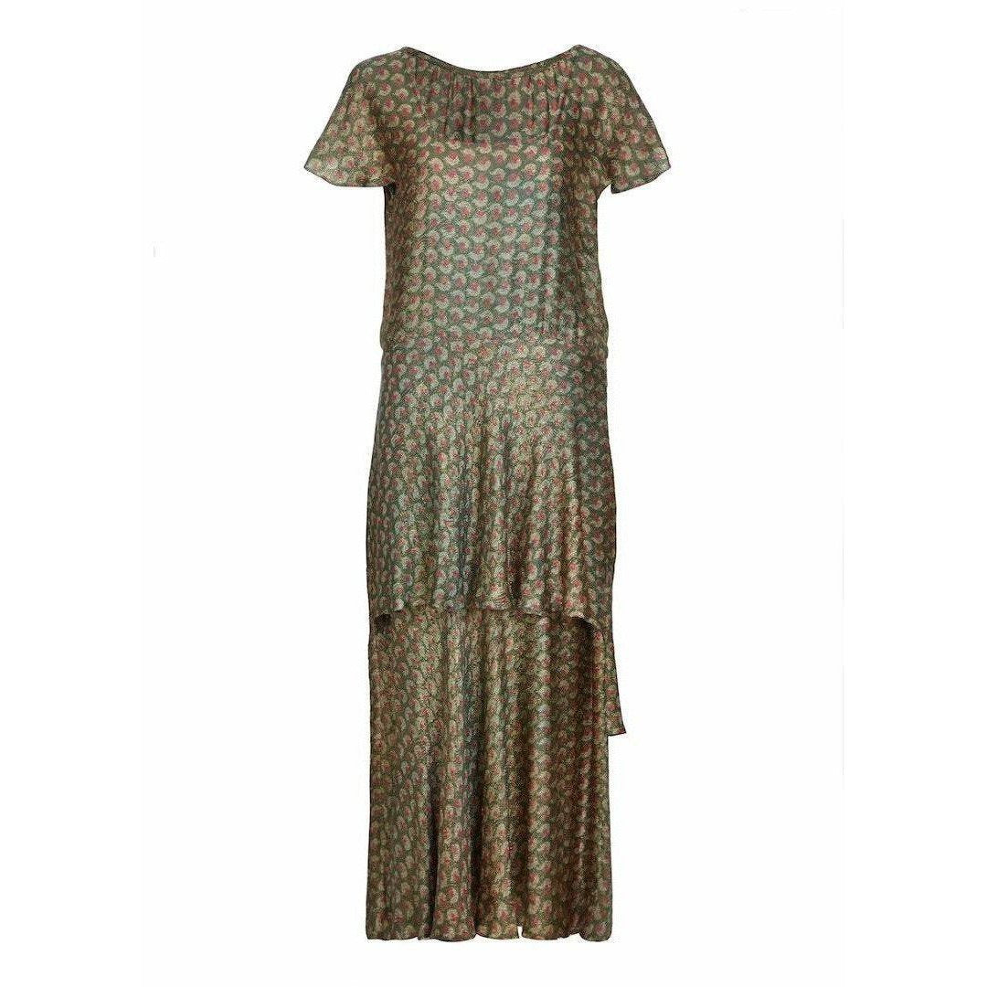1920s Green Lame Tiered Deco Print Dress