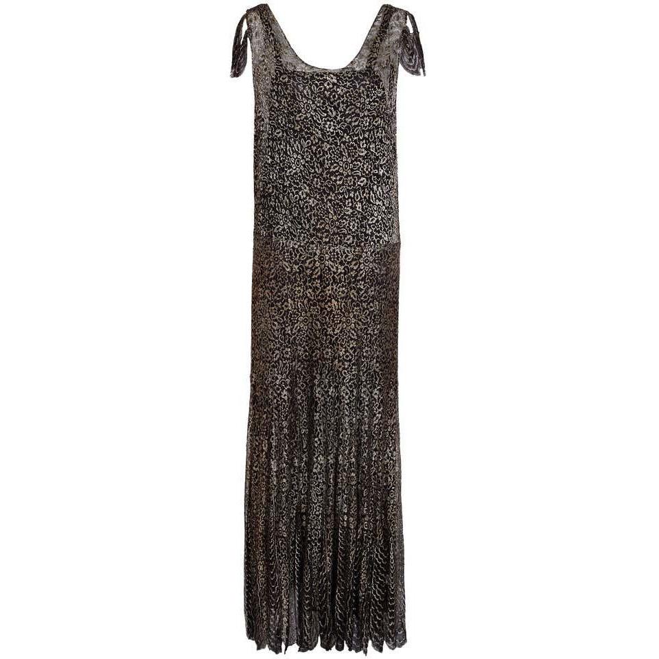 1920s or 1930s Black & Gold Floral Lace French Lame Dress