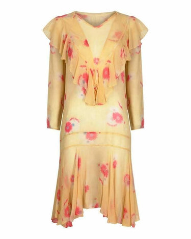 1920s Yellow Chiffon Floral Dress