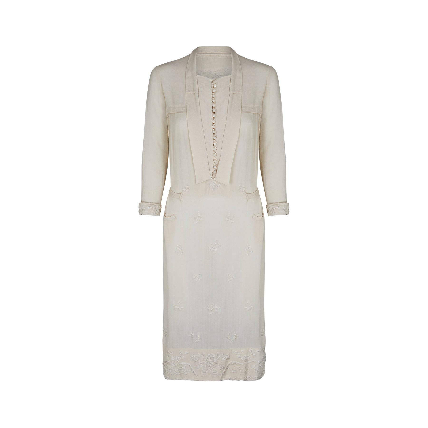 ARCHIVE - 1920s Silk Cream Floral Embroidered Dress