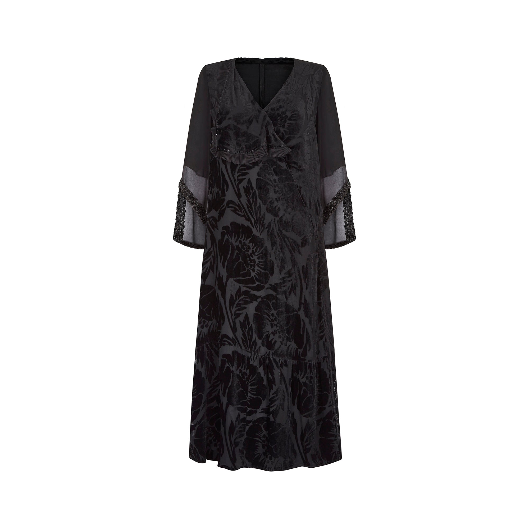 1930s Floral Black Burnout Velvet Dress with Fluted Sleeves
