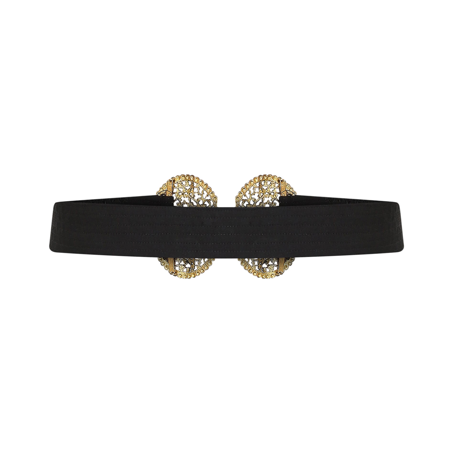 1920s French Filigree Buckle and Black Fabric Belt