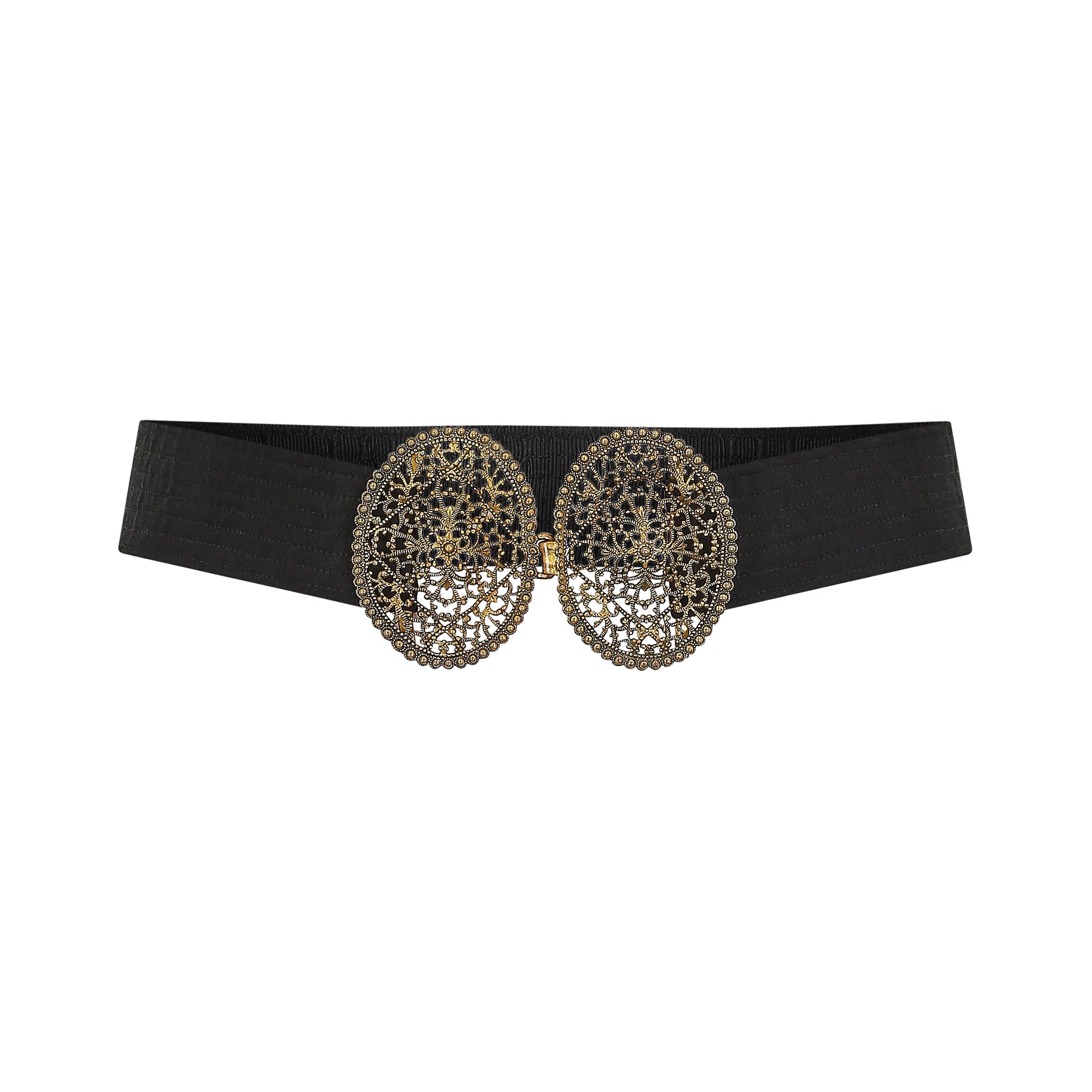 1920s French Filigree Buckle and Black Fabric Belt