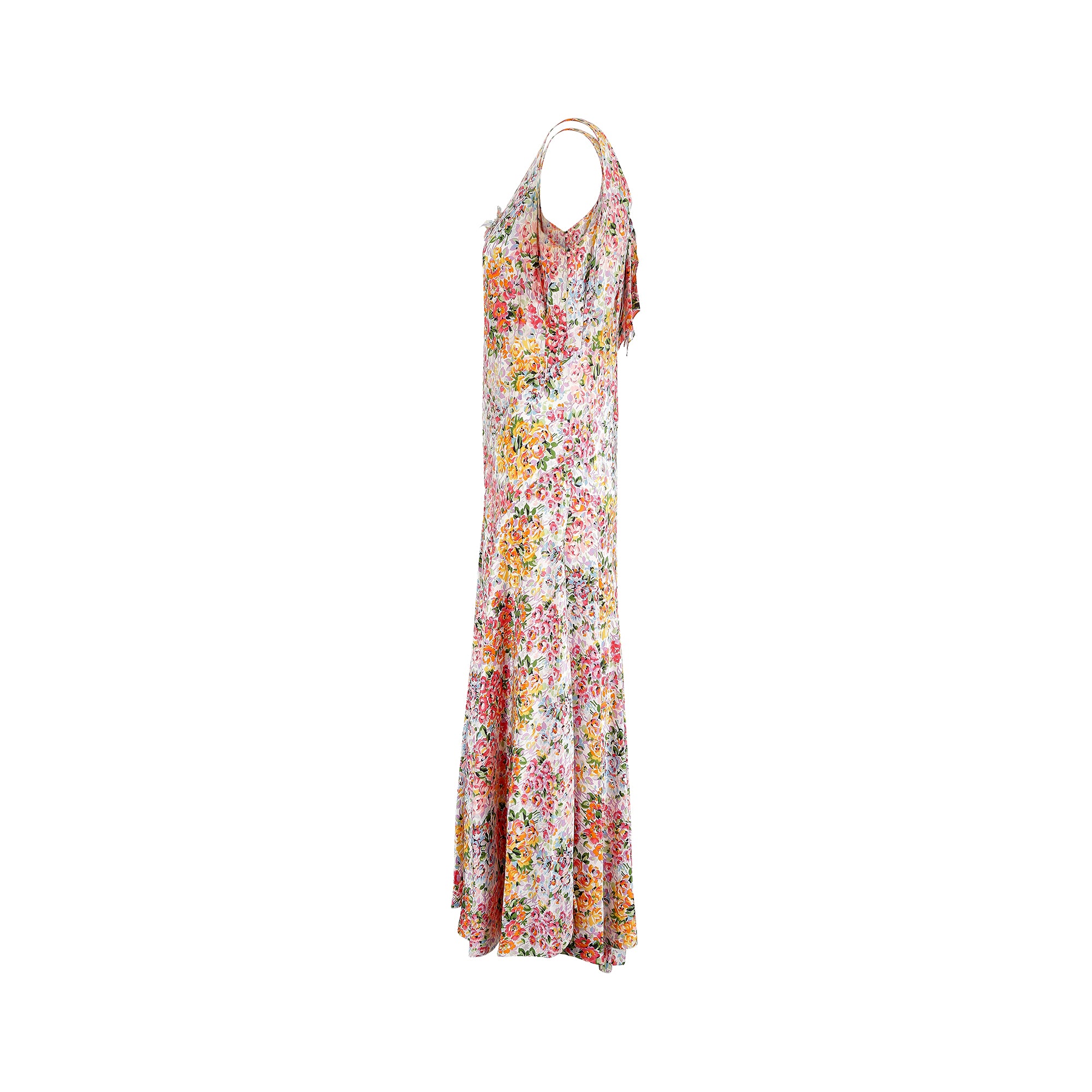 1930s Silk Floral Bias Cut Dress with Applique