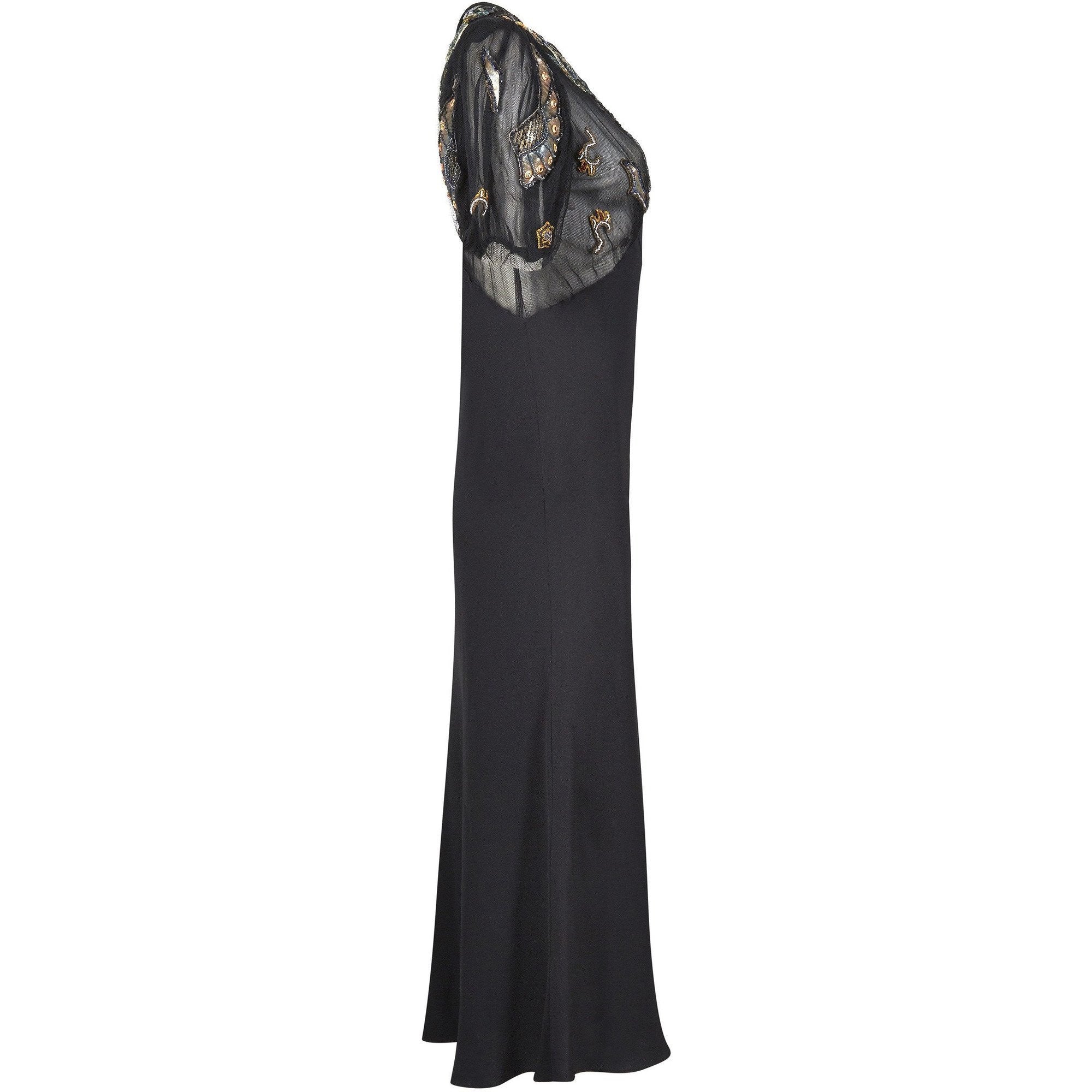 1930s Black Crepe Bias Cut Evening Dress with Spectacular Embellished Neckline