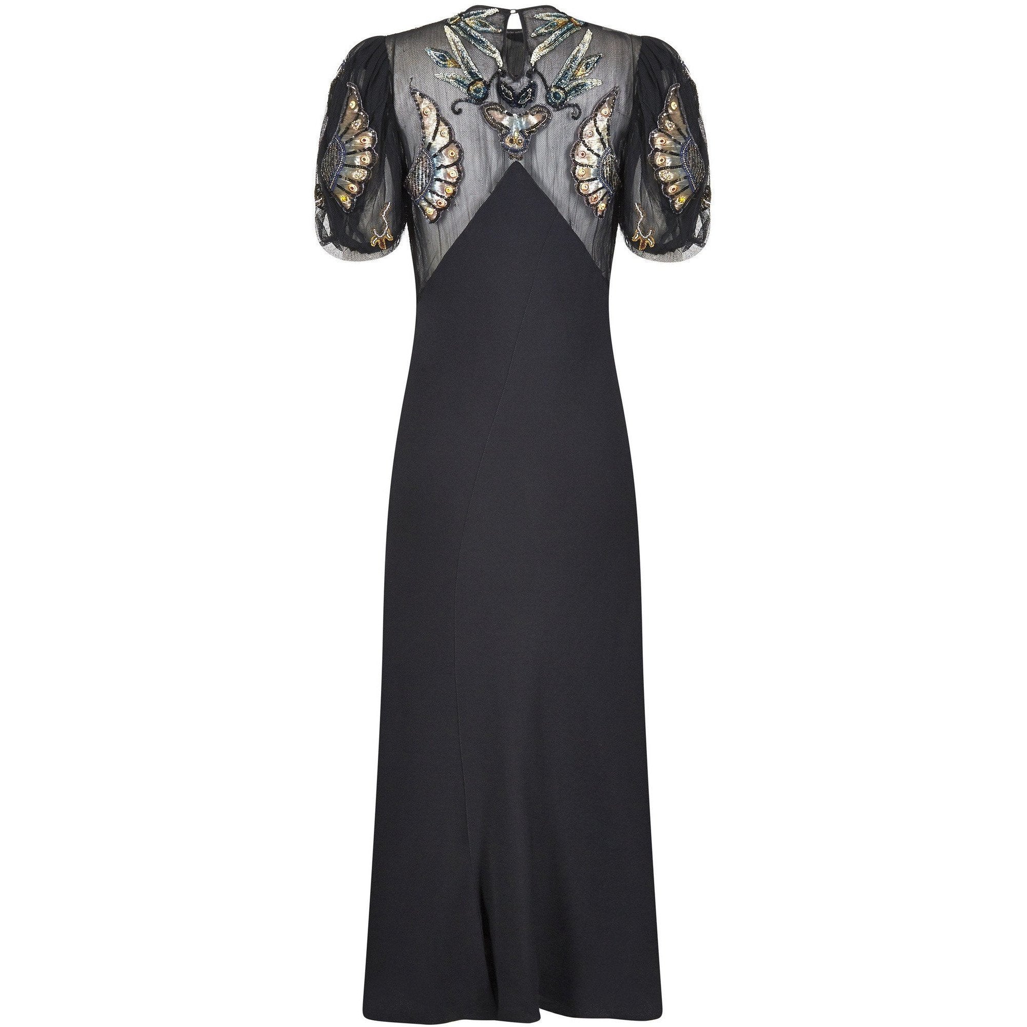 1930s Black Crepe Bias Cut Evening Dress with Spectacular Embellished Neckline