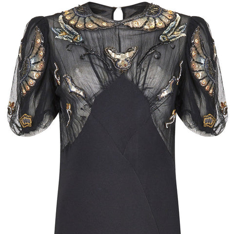 1930s Black Crepe Bias Cut Evening Dress with Spectacular Embellished Neckline