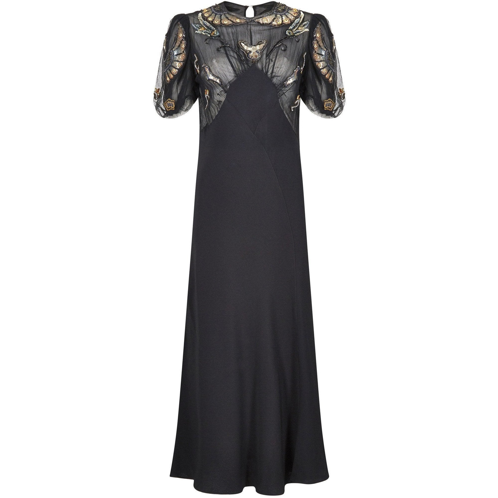 1930s Black Crepe Bias Cut Evening Dress with Spectacular Embellished Neckline