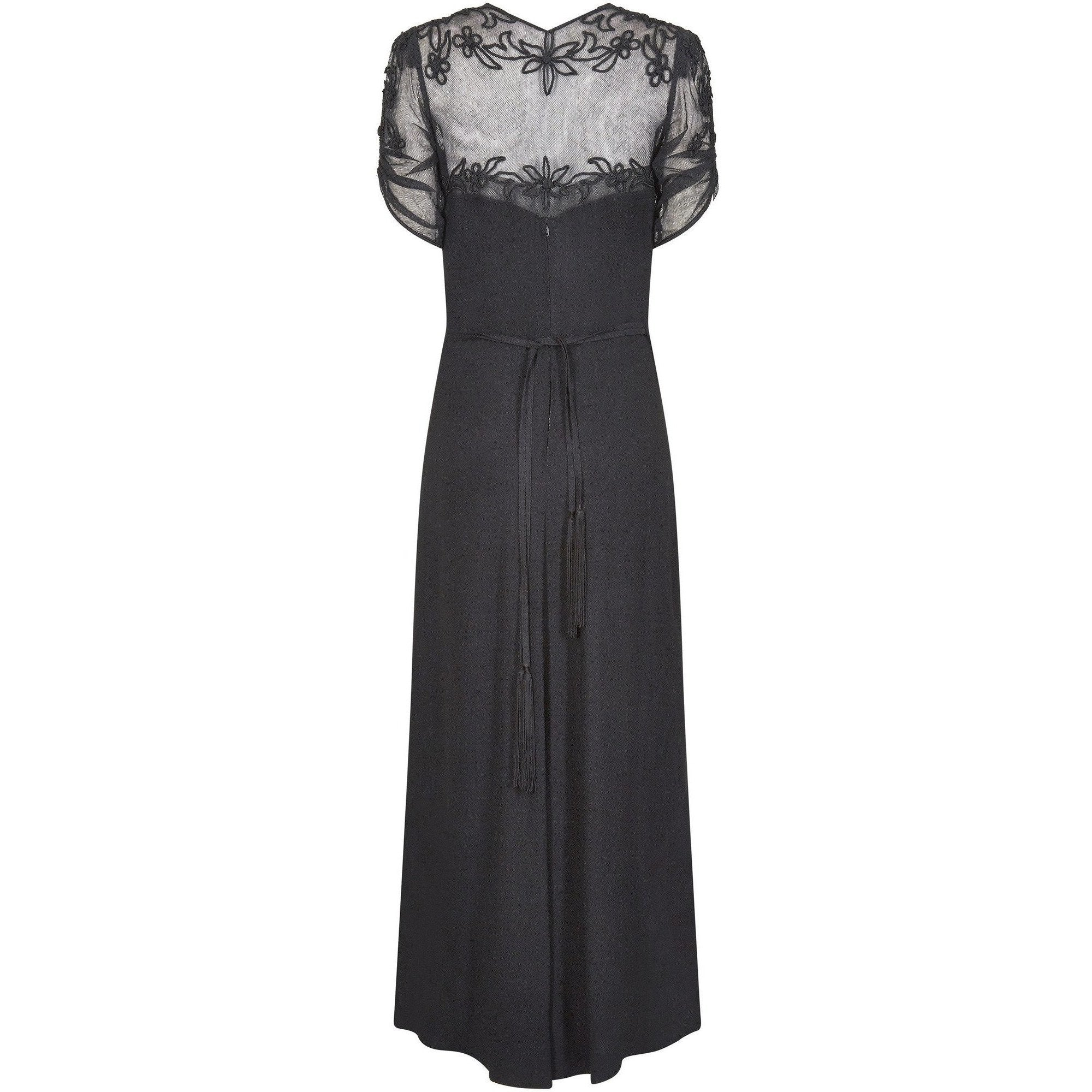 1930s Black Silk Crepe and Net Evening Dress With Floral Appliqué Embellishment