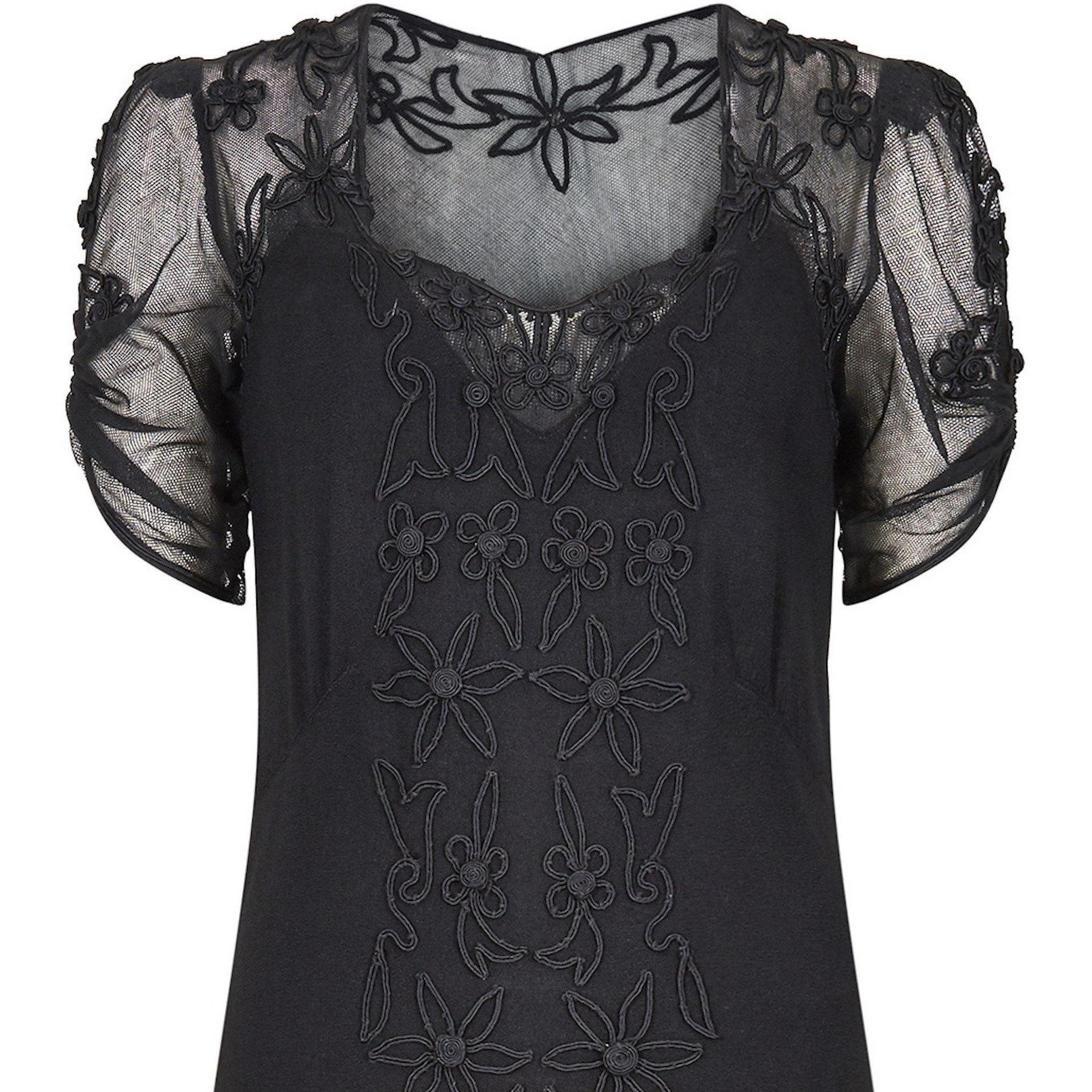 1930s Black Silk Crepe and Net Evening Dress With Floral Appliqué Embellishment