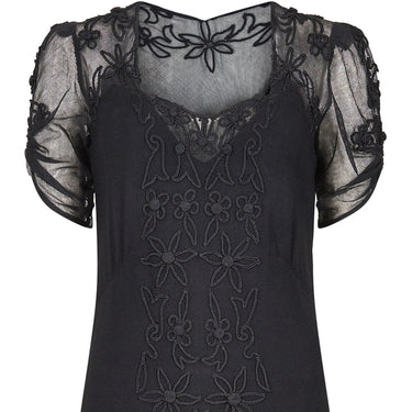 ARCHIVE - 1930s Black Silk Crepe Dress With Floral Appliqué Embellishment