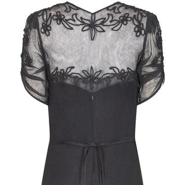ARCHIVE - 1930s Black Silk Crepe Dress With Floral Appliqué Embellishment