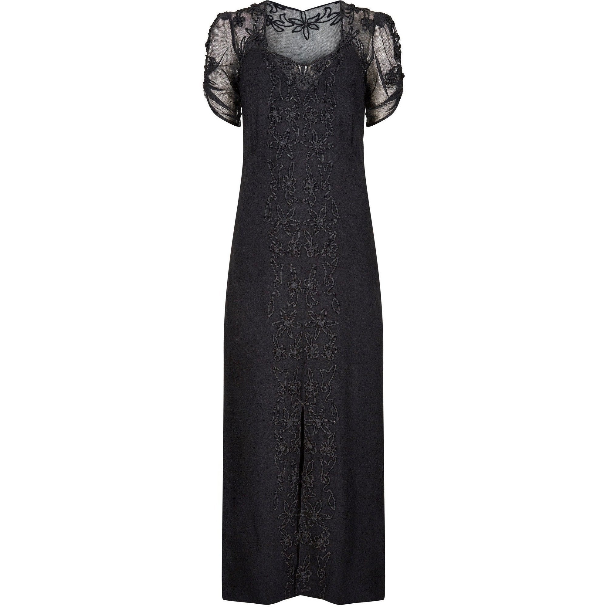 1930s Black Silk Crepe and Net Evening Dress With Floral Appliqué Embellishment