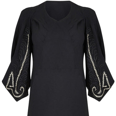 ARCHIVE - 1930s Black Silk Crepe Gown With Kimono Style Embroidered Soutache Sleeves