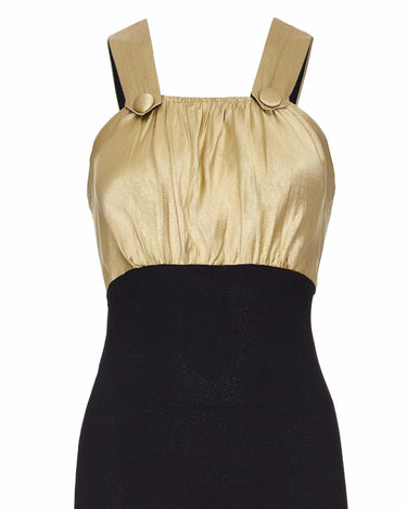 1930s Black Silk Dress with Embossed Gold Bodice