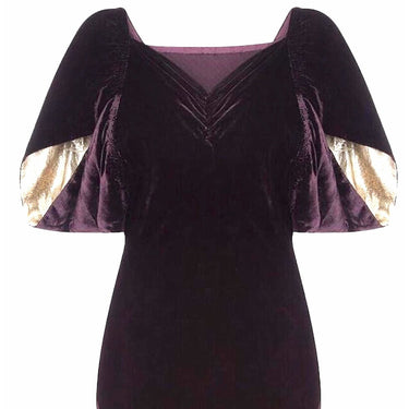 ARCHIVE: 1930s Deep Purple Velvet Bias Cut Gown With Gold Lame Cloak Sleeves