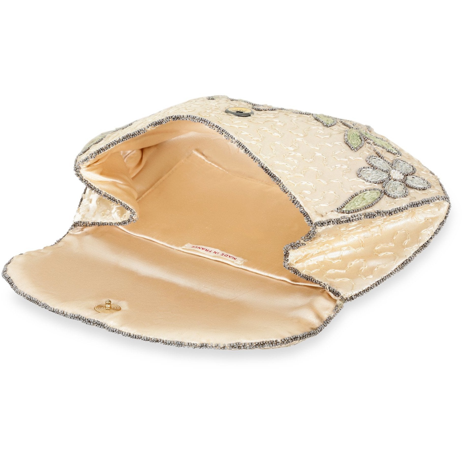 1930s Ivory Satin Beaded Floral Clutch Bag