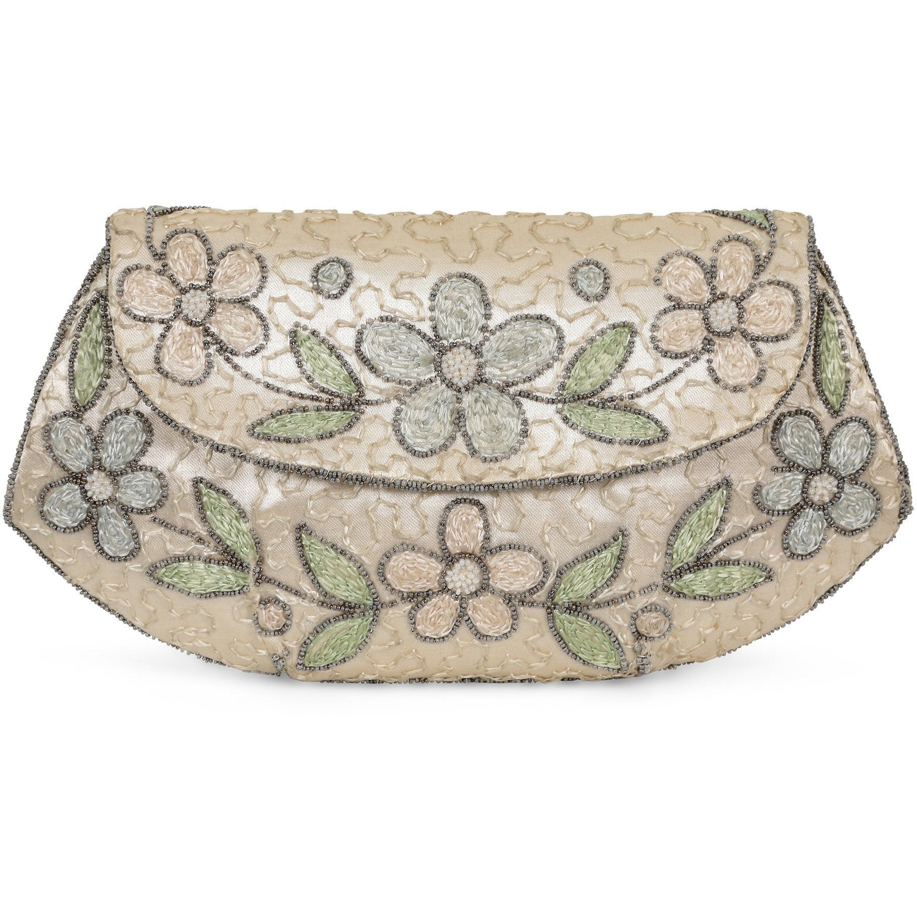 1930s Ivory Satin Beaded Floral Clutch Bag