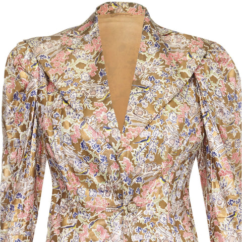 1930s Liquid Gold Floral Painted Silk Jacket With Wide Lapel