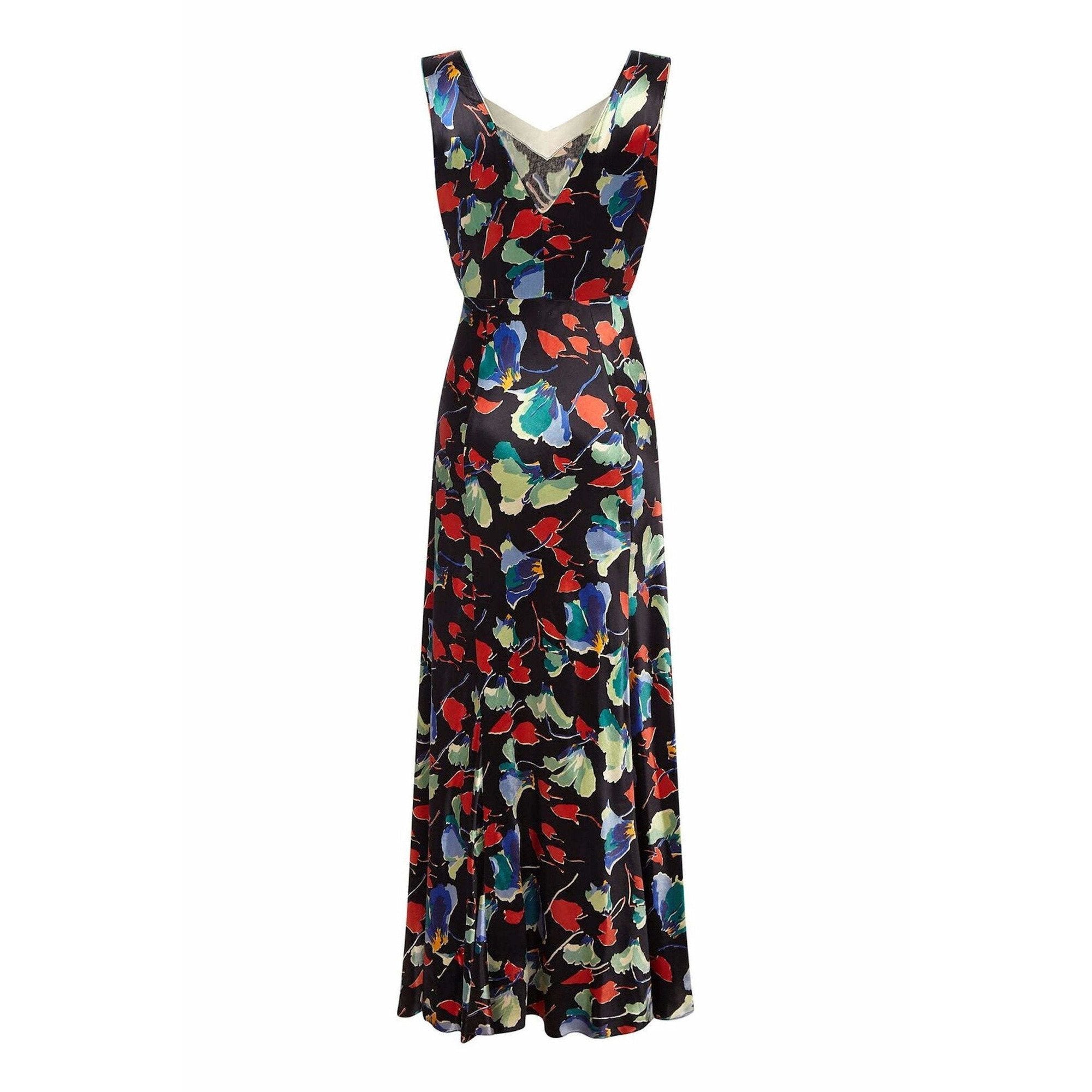 1930s Liquid Satin Floral Pattern Bias Cut Dress