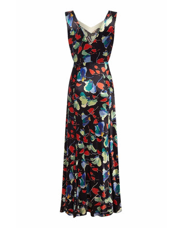 1930s Liquid Satin Floral Pattern Bias Cut Dress