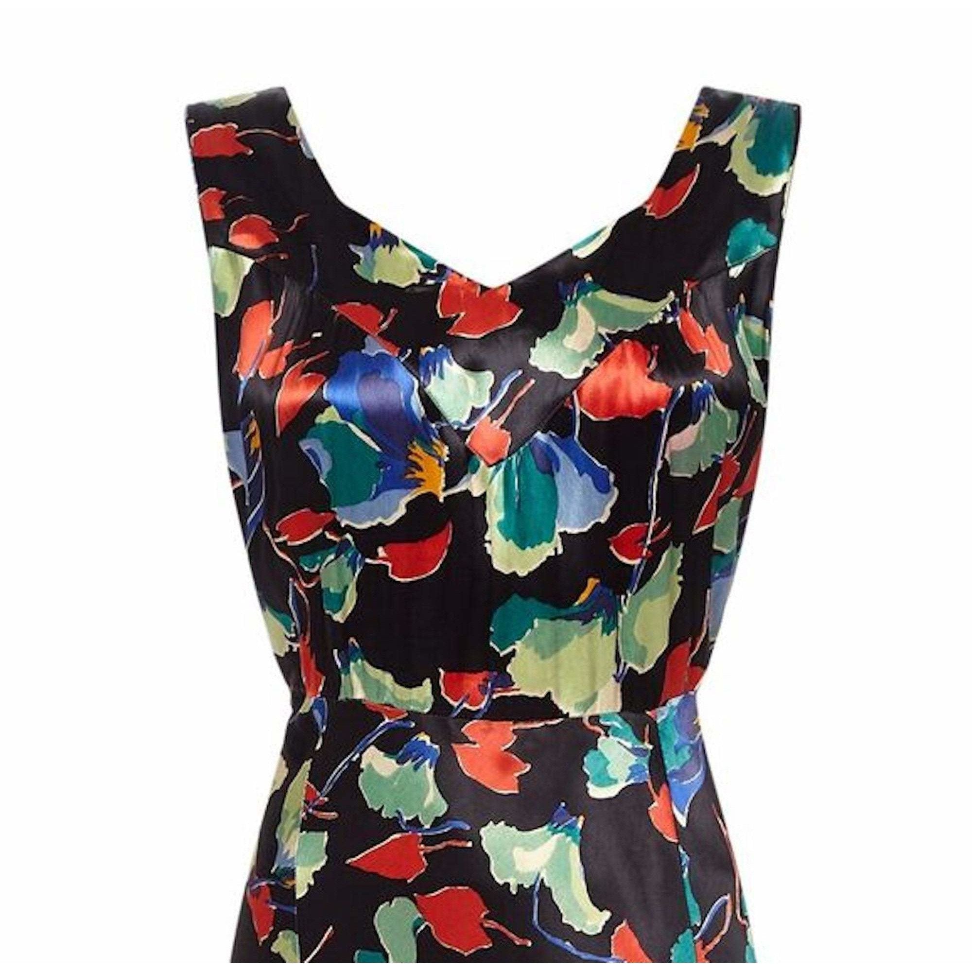1930s Liquid Satin Floral Pattern Bias Cut Dress