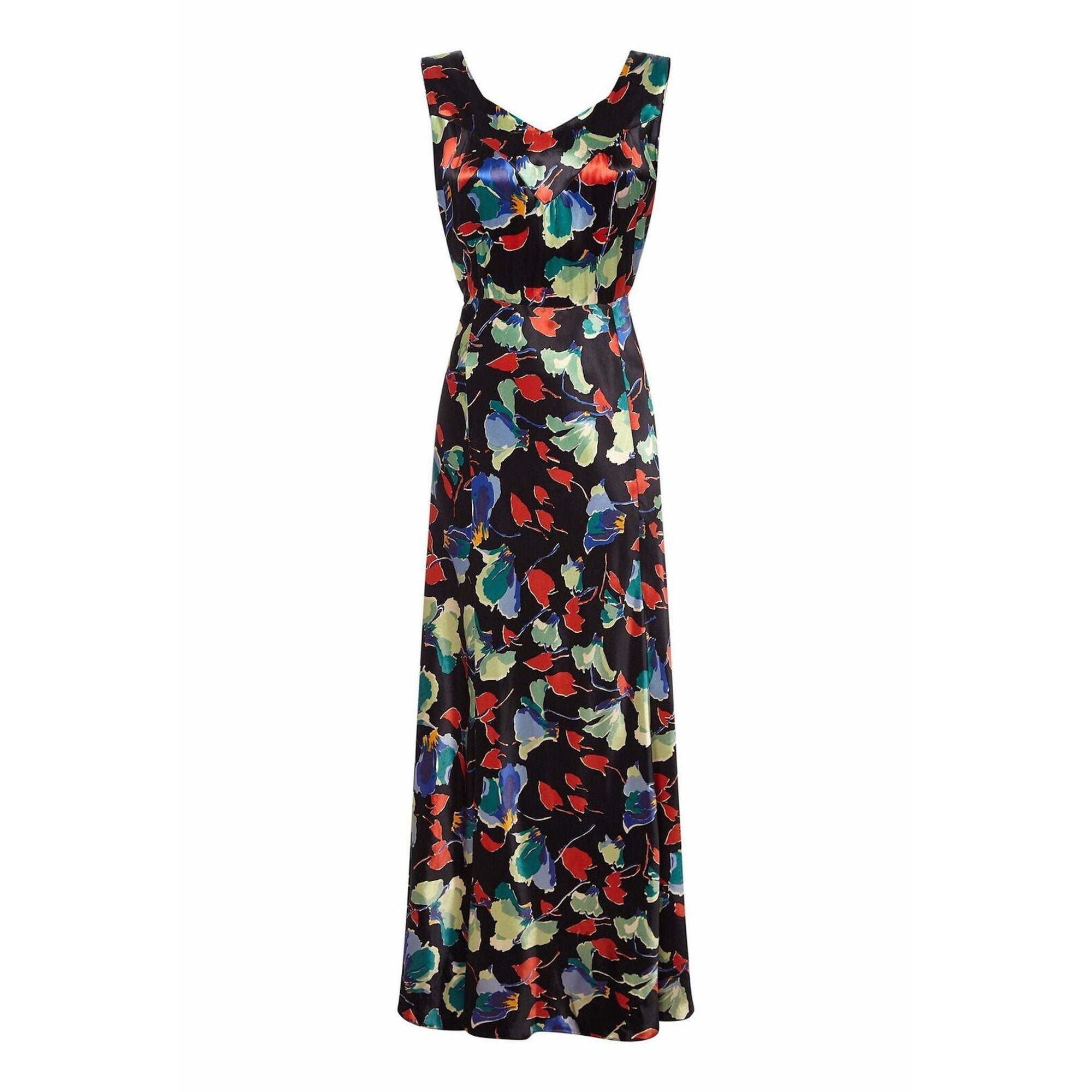 1930s Liquid Satin Floral Pattern Bias Cut Dress