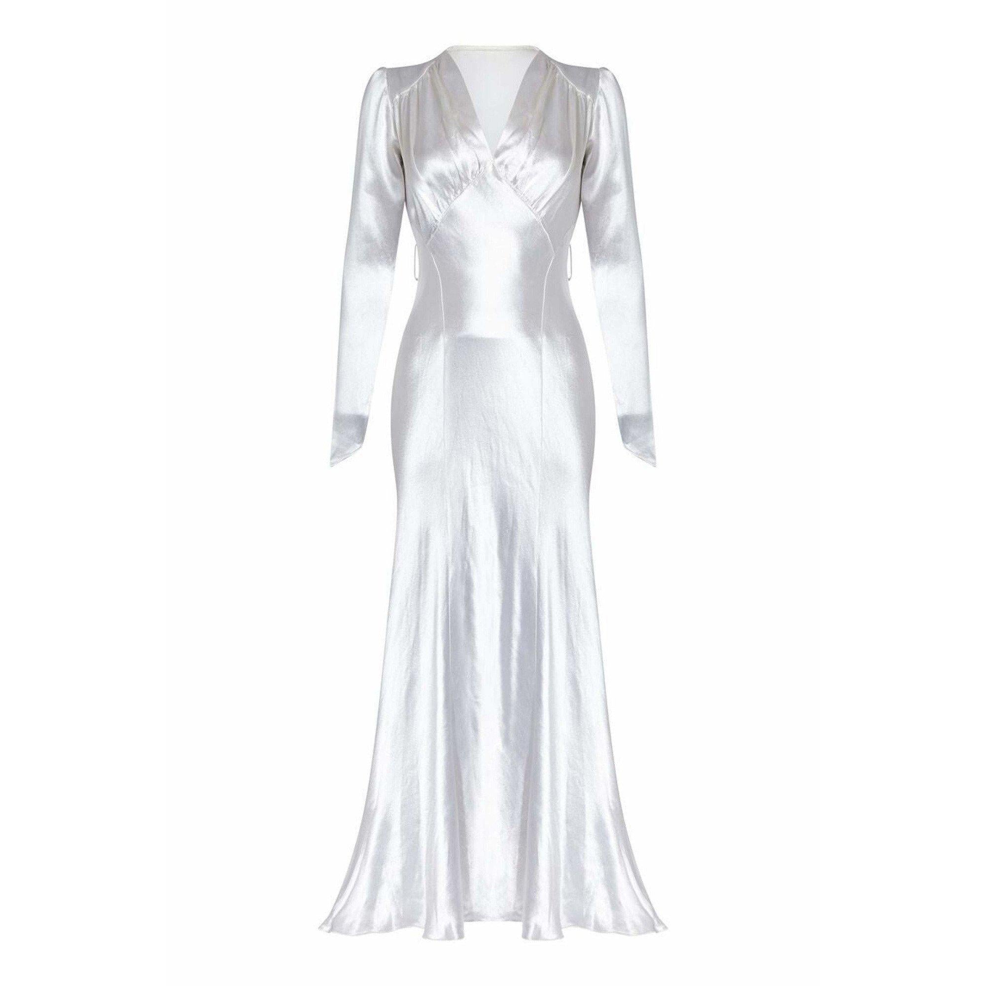 1930s Long Sleeved White Silk Satin Bias Cut Wedding Dress