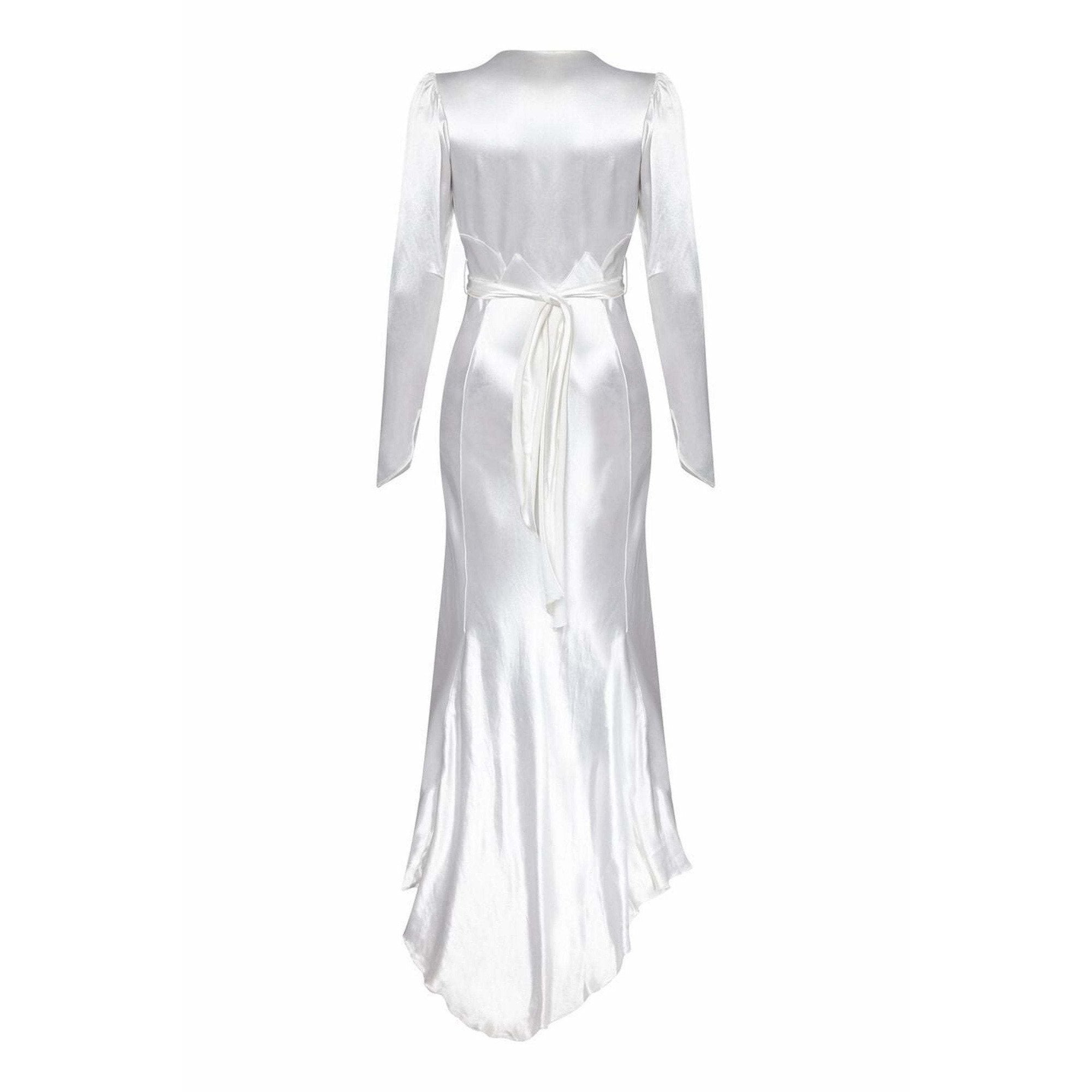 1930s Long Sleeved White Silk Satin Bias Cut Wedding Dress