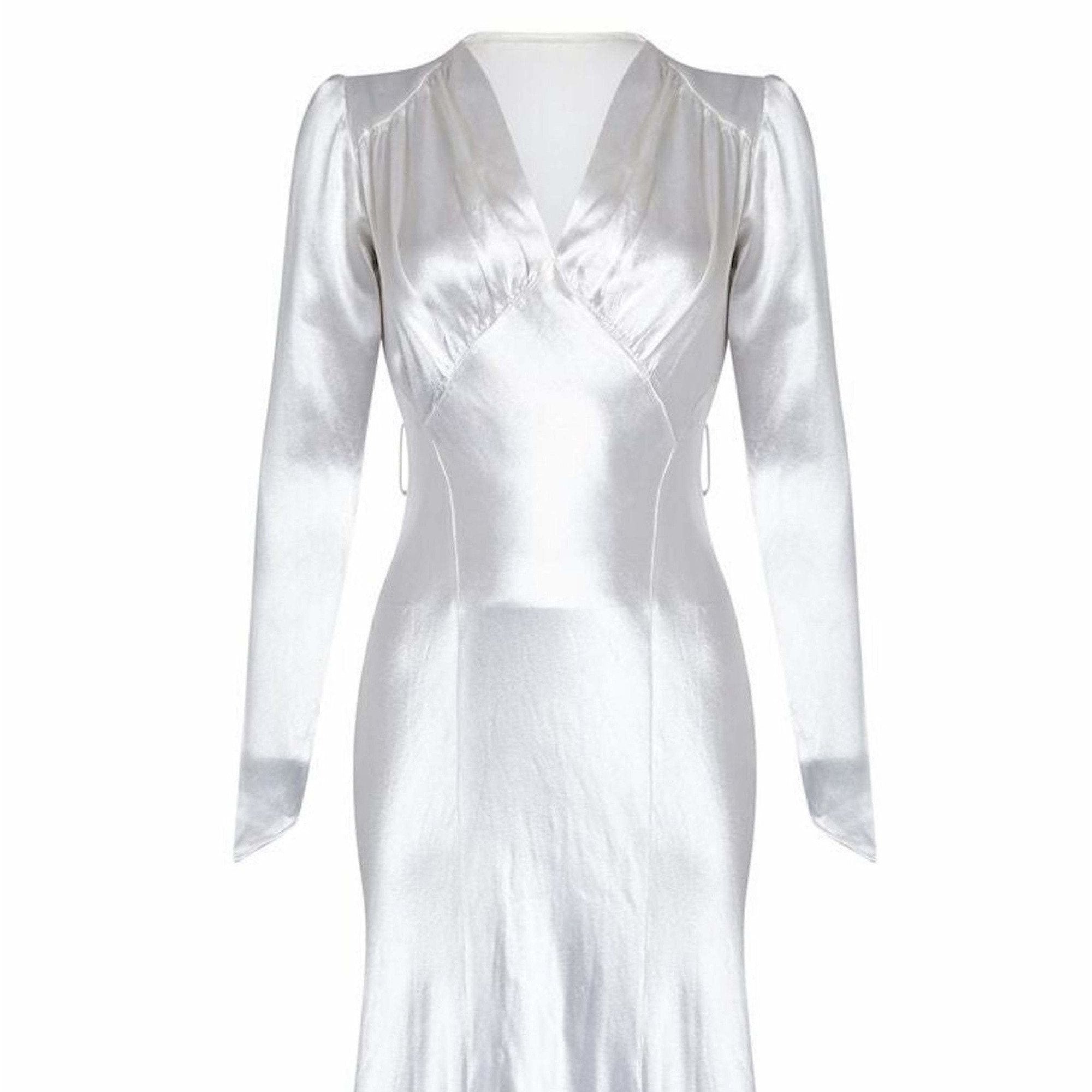 1930s Long Sleeved White Silk Satin Bias Cut Wedding Dress